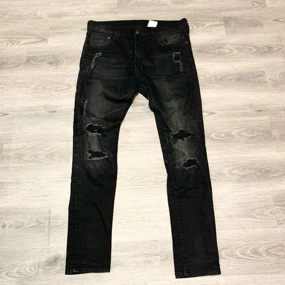 H&M &denim Mens Black Low Rise Distressed Button Fly Jeans Sz 34/32